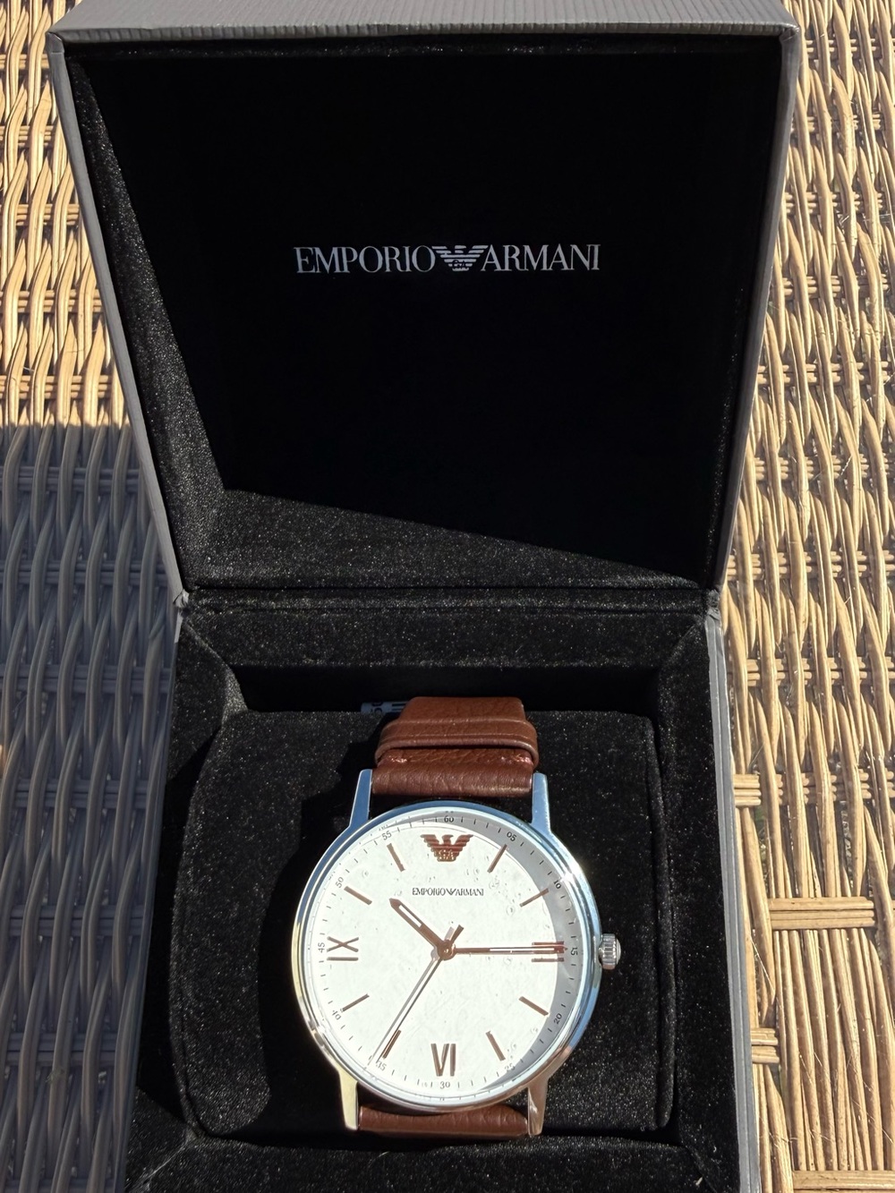 Emporio Armani Brown Leather Strap Watch with Silver Case and White Dial
